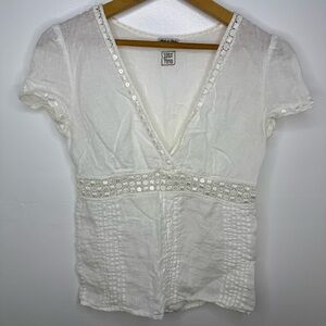 120% LINO White Linen Eyelet Cap Sleeve Top